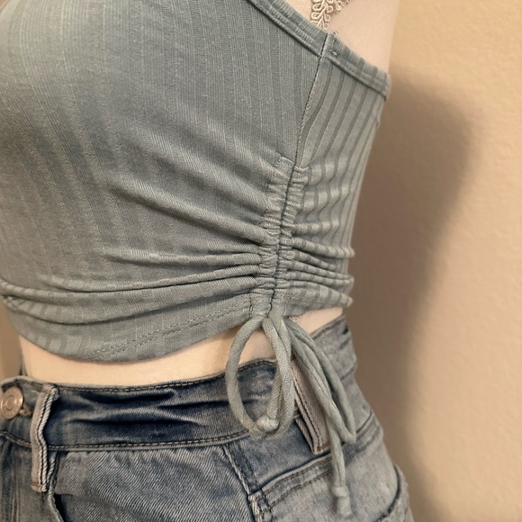 Blue High Neck Ribbed Draw String Ruched Sides Size Small - Picture 3 of 5